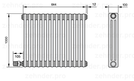 Схема (чертеж) Радиатор Zehnder Charleston 3100/14 №V004 Белый глянцевый RAL 9016